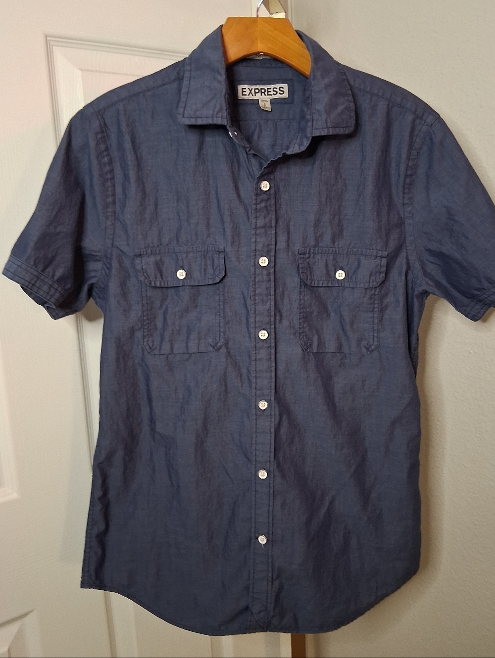 Express Mens Fitted Blue Button Up Short Sleeve Small